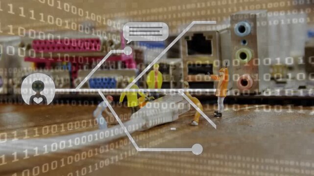 Mini techs lifting cable binary overlay appearing on motherboard AI icon driving nodes routing data
