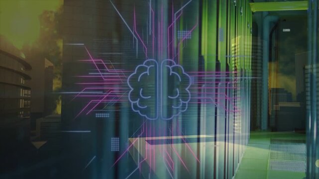 Brain icon appearing over rack row causing circuitry fanning markers moving showing urban data flow