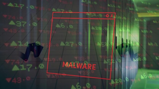 Red malware window appearing over racks, glitching while graphs sliding, exposing financial risk