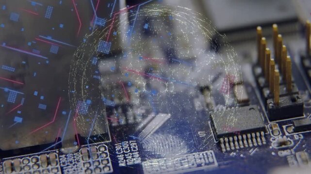 Holographic sphere appearing above blue PCB, growing and projecting data arcs, visualizing circuits
