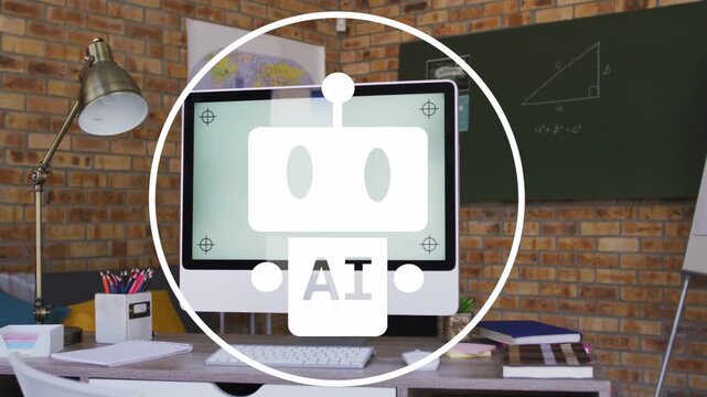 Ring appearing over white monitor, AI robot tilting, shrinking, fading, revealing logo intro
