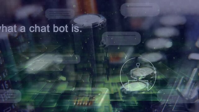PCB with UI overlays showing user avatar appearing text forming bubbles drifting explaining chatbot