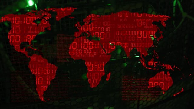 Data pulse starting, red map animating, binary code shifting, green LEDs pulsing showing data flow