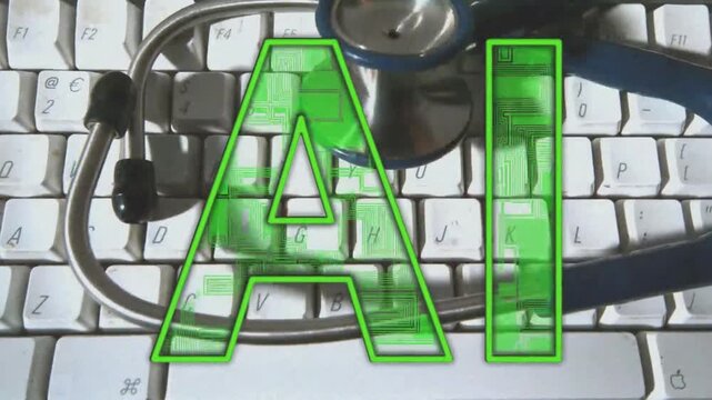 Start with chestpiece shift, stethoscope sliding and rotating across keys, AI analyzing diagnostics