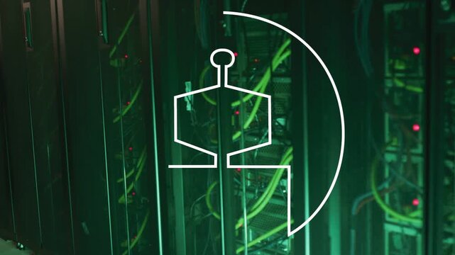 Thin arc drawing clockwise top-right forming robot logo filling white showing AI in green-lit racks