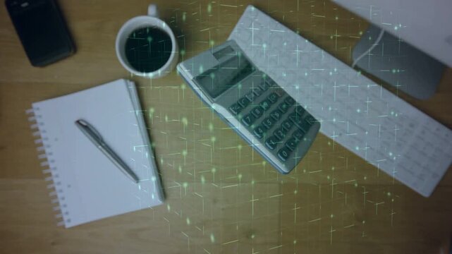 Blue brain overlay pulsing and fading, calculator emerging to highlight desk layout