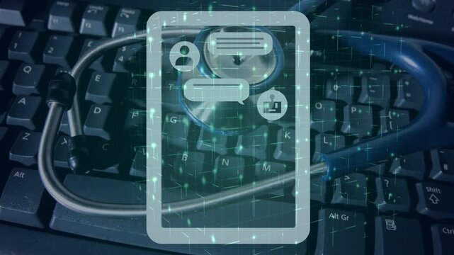 Tablet overlay appearing and growing over stethoscope keys chats flowing icon shrinking for telemed