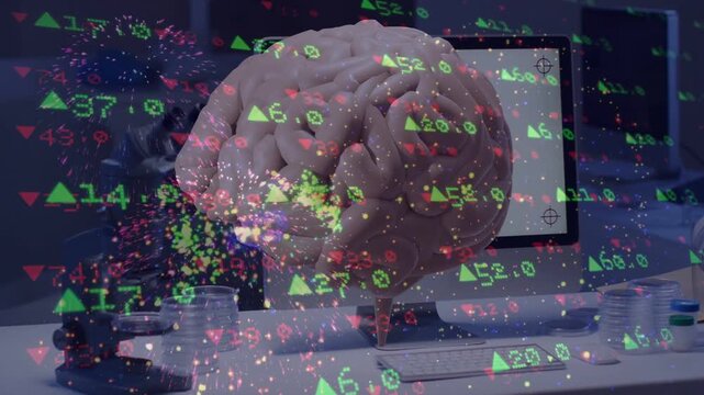 pale pink brain rotating and bobbing over desk as market ticker streaming, showing research data