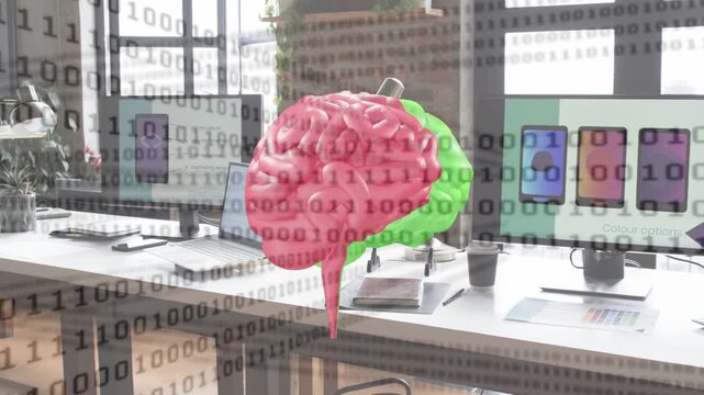 On play 3D brain rotating, flipping red green halves while binary stream showing data flow
