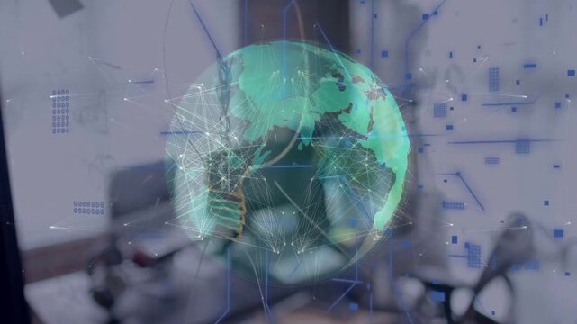 On hologram activation, digital globe forming rotating expanding rings showing network connections