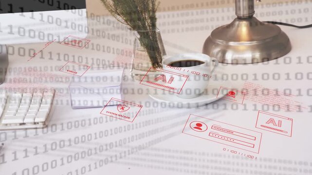 Binary stream appearing starting camera panning as red UI icons sweeping desk, visualizing AI scan