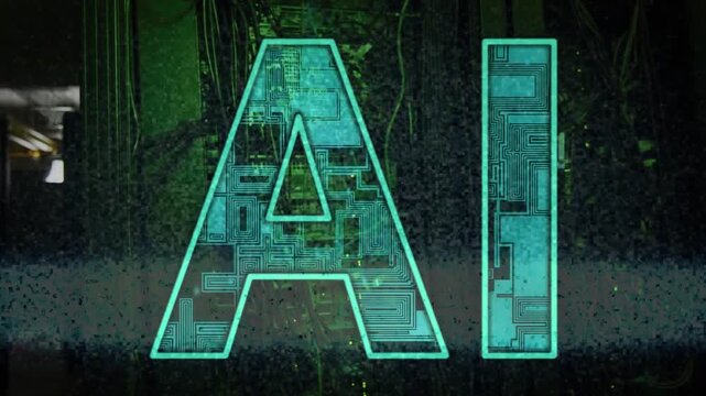Scanline passing, AI animating, circuitry flickering, fills fading to reveal racks for diagnostics