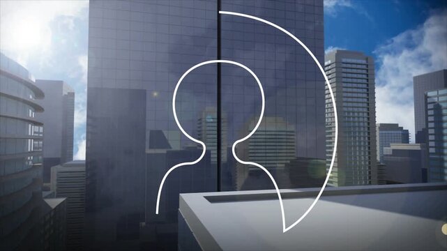 White stroke appearing top-right drawing outline filling heart and eyes forming emblem over rooftop