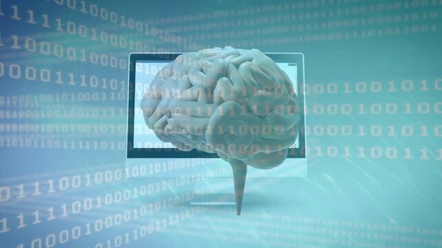 Camera panning right, 3Dbrain rotating toward monitor outline, binary, blue dots dropping for data