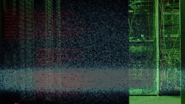 Static surge starting, right rack cabinet hiding behind shifting green noise, showing signal error
