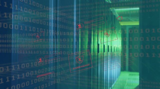 Scrolling binary overlay starting red alert icons appearing and sliding over racks, showing threats