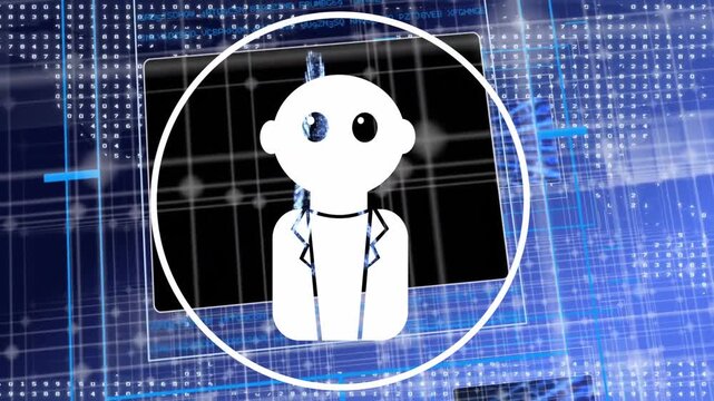 Stylized avatar rotating and tilting on circle brightening, panels sliding, revealing PCB