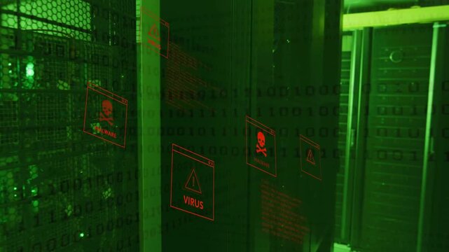 Camera panning right starting red malware icons spreading across glass panel, showing system breach