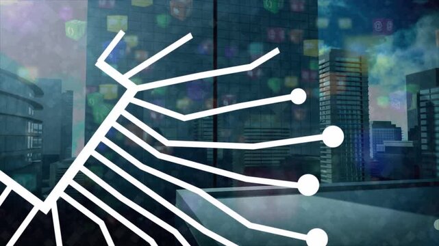 White stroke appearing, lines fanning over city, converging on AI and forming brain to show network