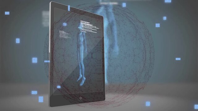 Rotating tablet starting hologram, shifting into skeleton and showing diagnostics amid pixels