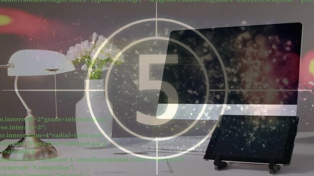 Overlay appearing and counting down 10 to 1 to reset loop over static desk, code scrolling
