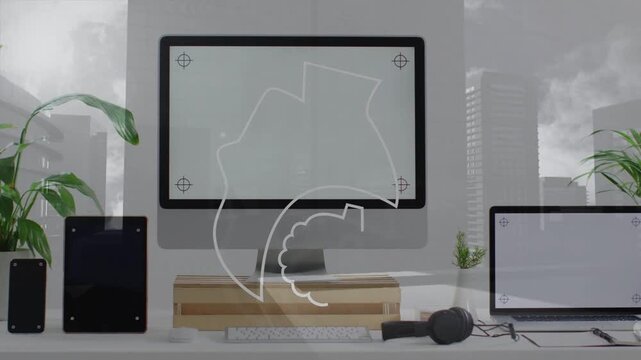 Monitor showing chalk line appearing drawing head with brain bits over skyline, visualizing data