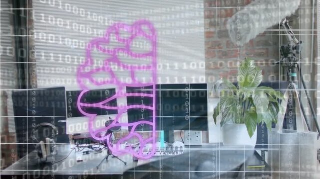 Binary grid appearing, split-brain graphic forming over desk, showing creative vs analytic thinking