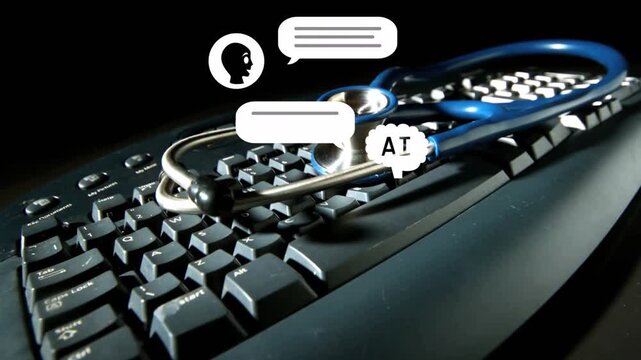 Head icon appearing, stethoscope entering and settling on keyboard, chat bubbles stacking for AI