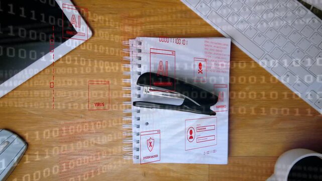 Overlay alert appearing, black stapler entering, sweeping desk, settling on notepad, securing pages