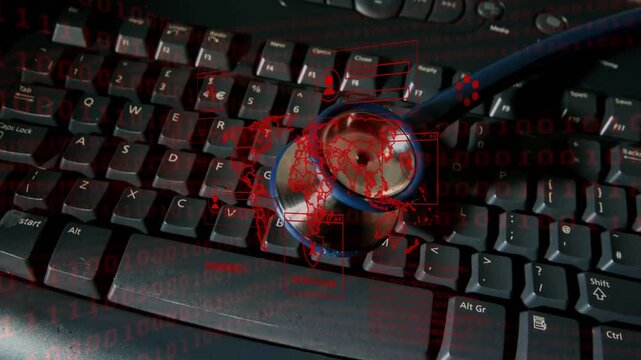 Offscreen bringing stethoscope tapping, lifting, repeating, exiting, overlay showing checks on keys