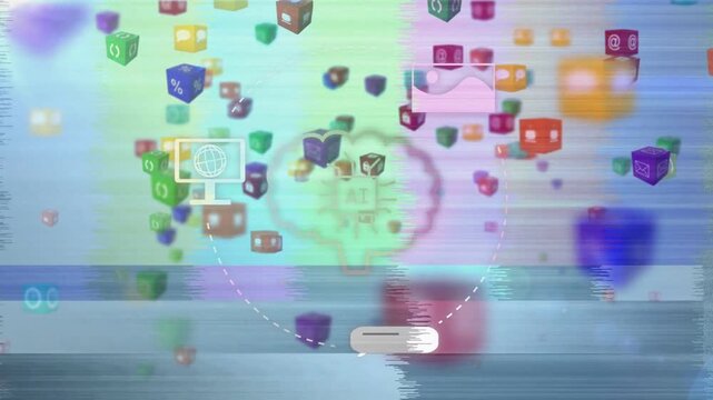 Glitch bars starting 3D cubes floating, rotating around chip as UI icons linking, mapping network