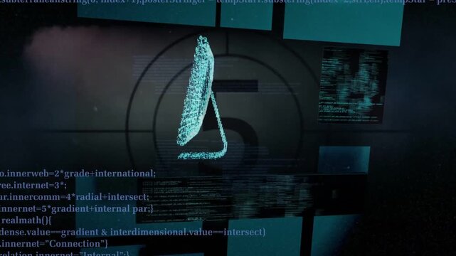Circular countdown starting at 10 launching tiles, glitchy code showing 3D circuit, forming HUD