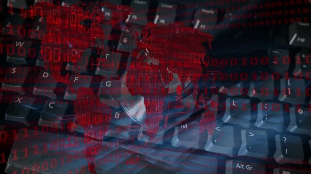 Red map and binary stream moving over keyboard as sphere enters, distorting keys, signaling danger