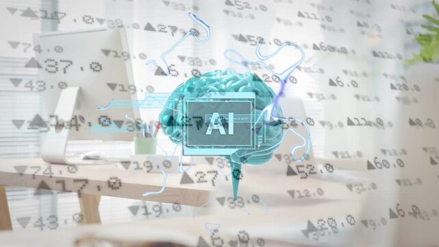 Numeric overlay drifting, teal 3D brain appearing rotating extending lines showing AI telemetry