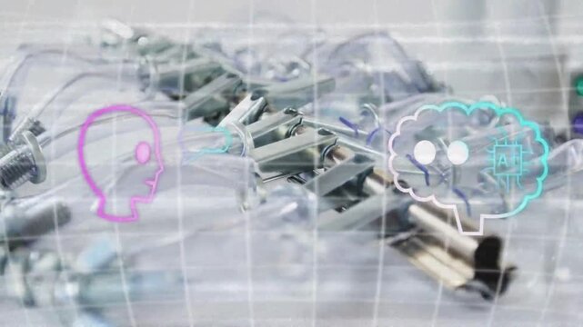Neon strokes drawing grid causing head-brain icons sharing bubbles showing link, cam focusing unit