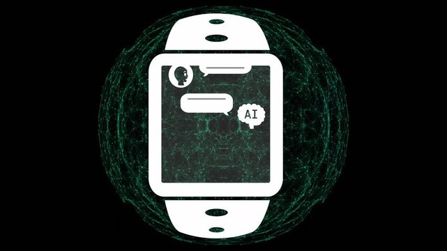 Network orb appearing inside watch, expanding behind smartwatch, animating chat showing AI replies