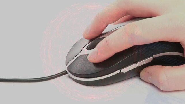 Hand entering right placing on wired mouse clicking scrolling pressing sides showing UI overlays