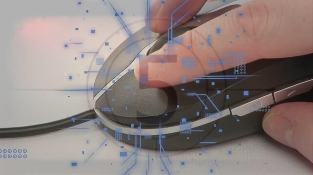 Hand clicking and sliding wired mouse during countdown starting with circuit overlay showing clicks