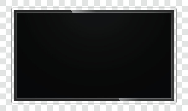 Realistic Smart TV screen mockup with thin bezel isolated on transparent background for 4k UHD video presentation and app UI display template vector illustration