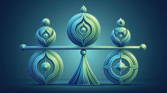Abstract geometric forms balance on a central axis. Symmetrical patterns glow with cool, luminous tones. Deep blue background enhances the surreal, futuristic vibe. Ideal for digital design, branding