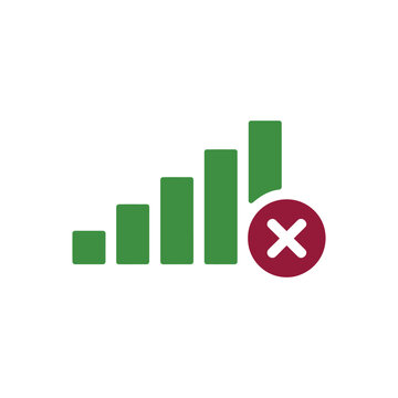 Green signal bars with red cross mark showing network failure or no connection status isolated on transparent background vector.