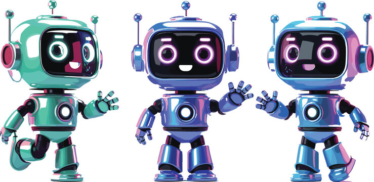 Futuristic 3D AI robot mascot vector illustration with cute chatbot assistant characters isolated background