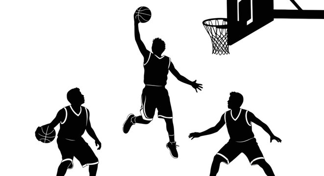 Silhouette Basketball Action: Capturing the energy and dynamism of a basketball game, where athletes jump and run for score. 