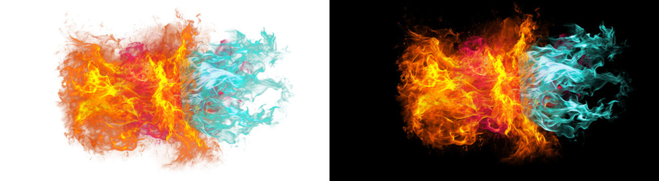 PNG image of Dynamic fire and ice explosion, abstract orange flame and blue water splash collision, cinematic energy blast with smoke and sparks isolated on Transparent Background