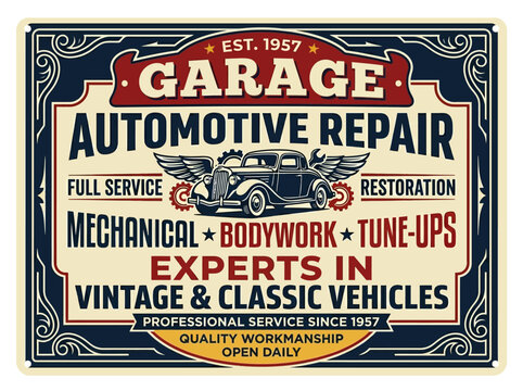 Classic Automotive Repair Garage Sign Vintage Style Vintage Car Mechanical Bodywork Tune-Ups Experts Since 1957