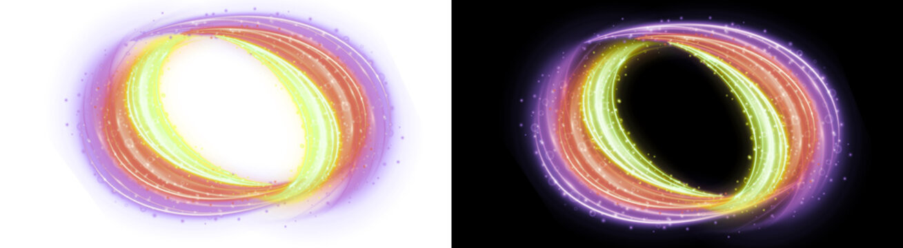 PNG image of Glowing cosmic portal with swirling energy rings, vibrant neon light trails in purple and orange, futuristic magic circle effect for gaming isolated on Transparent Background