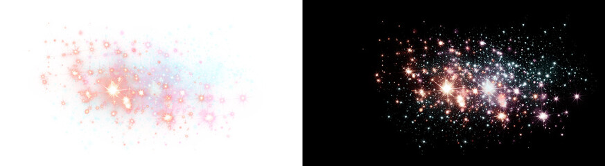 PNG image of Luminous sparkling glitter dust, glowing magic particles with light flares, shimmering red and blue bokeh effect for festive celebration overlays isolated on Transparent Background © NURUN