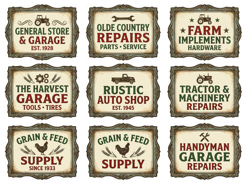Collection of Rustic Vintage Farm Signs with Text, Featuring General Store, Auto Shop, and Supply Shop Designs
