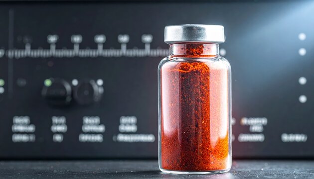 Sealed glass vial filled with red amorphous phosphorus powder, isolated on a dark, textured background with electronic equipment details
