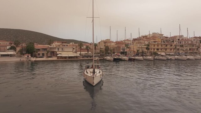 Smooth drone orbit left to right around sailing yacht maneuvering for docking in Ermioni harbor, luxury Mediterranean travel atmosphere